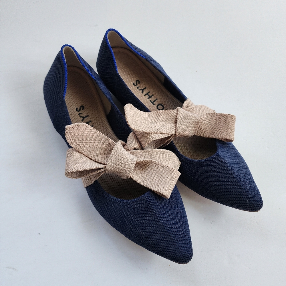Rothy's Navy and Beige Flats with Bow